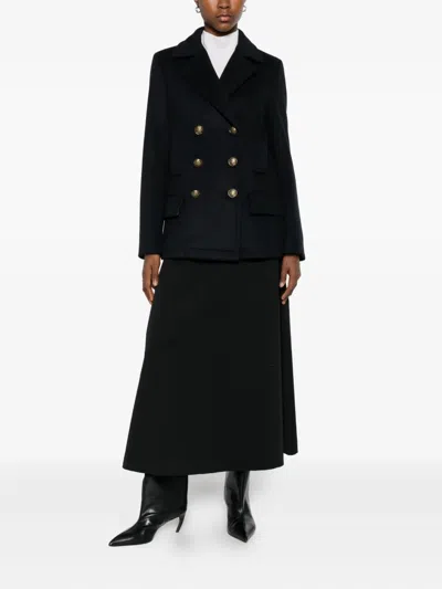 Dondup Double-breasted Peacoat With Ten-button Closure And Martingale Detail In Black