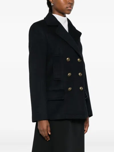 Dondup Double-breasted Peacoat With Ten-button Closure And Martingale Detail In Black