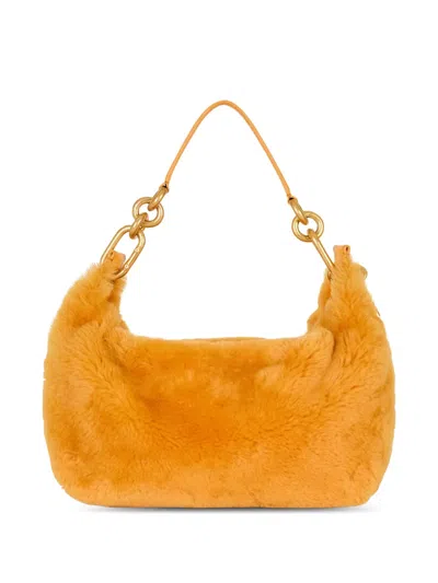 Balmain Medium Sync Shearling Chain Shoulder Bag In Orange