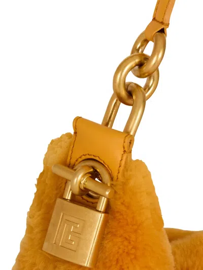 Balmain Medium Sync Shearling Chain Shoulder Bag In Orange