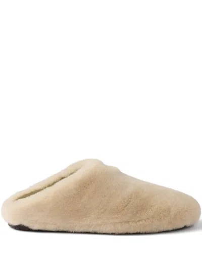 Prada Triangle-logo Shearling Mules In Neutral