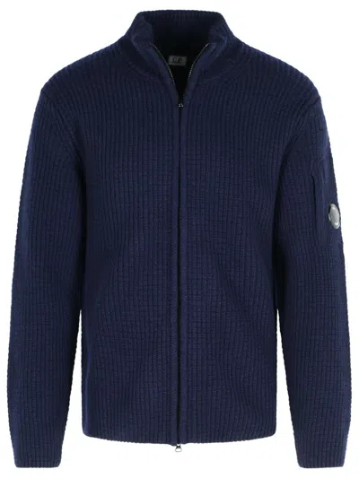 C.p. Company Ribbed Knit Zip-up Sweater With High Collar And Logo Patch In Blue