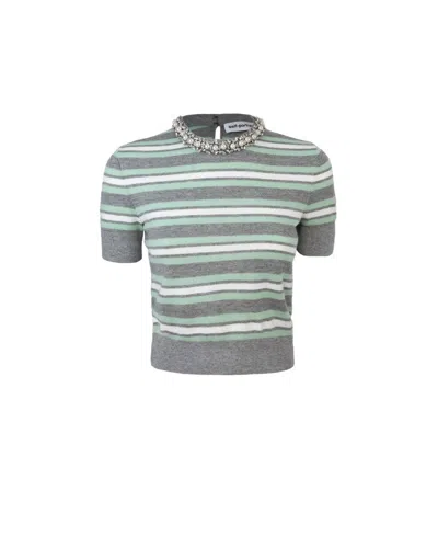 Self-portrait Fitted Grey Top With Striped Pattern And Round Neckline In Gray