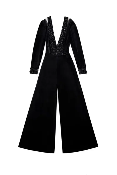 Saiid Kobeisy Velvet Flared Jumpsuit With A Beaded Top In Black
