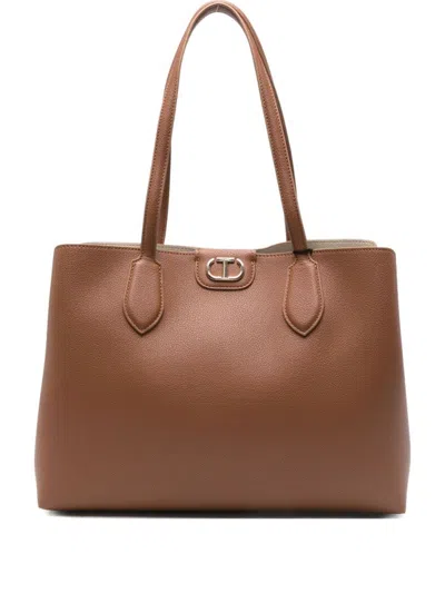 Twinset Structured Tote Bag With Smooth Pebbled Texture And Metallic Detail In Brown