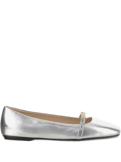 Pinko Pointed Toe Flats With Metallic Silver Finish And Chain Detail In Multi