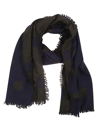 Yohji Yamamoto Double-faced Wool Scarf With Khaki And Blue Polka Dot Pattern In Blue