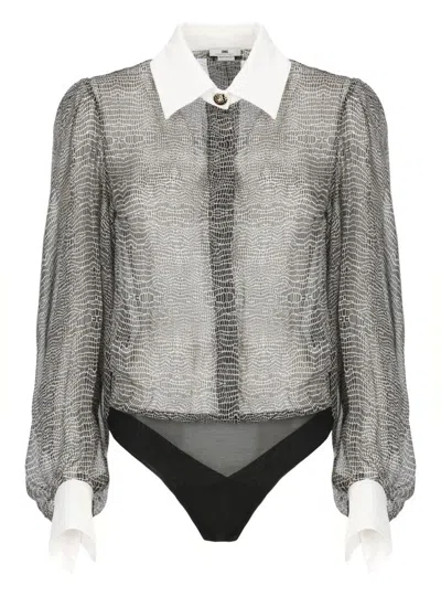 Elisabetta Franchi Silk Bodysuit With Delicate Reptile Scale Pattern In Gray