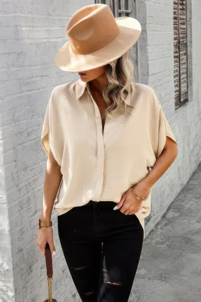 Truedames Solid Front Open Button Loose Fit Blouse In Sand