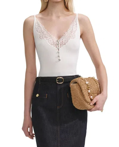 Self-portrait Lace Trim Rib Knit Viscose Blend Top In White