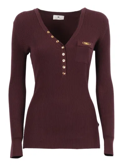 Elisabetta Franchi Fitted Ribbed Knit Top With Decorative Buttons And Gold Accent In Multi