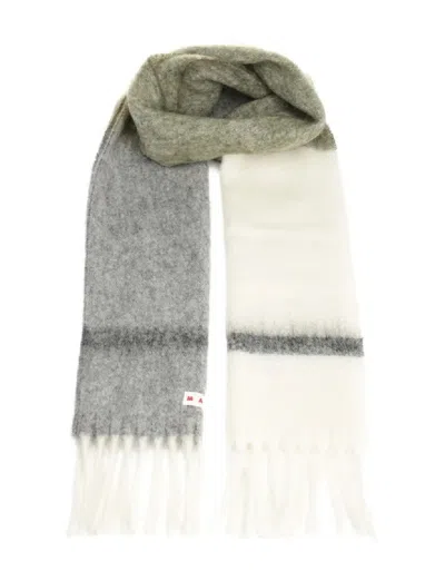 Marni Long Color-block Scarf With Fringed Ends In White