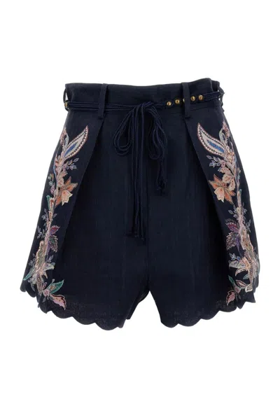 Zimmermann Pleated Floral-print Shorts With Scalloped Hem And Rope Waist Belt In Blue