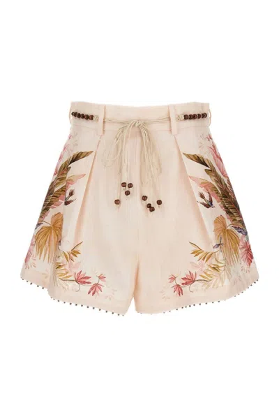 Zimmermann Floral Print Linen Shorts With Removable Waist Strap And Side Pockets In Neutral