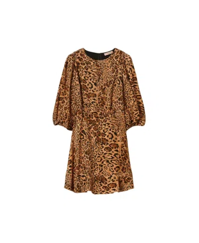 Twinset Leopard-print Puff-sleeve Mini Dress In Brown
