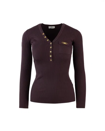 Elisabetta Franchi Fitted Ribbed Knit Top With Decorative Buttons And Gold Accent In Multi