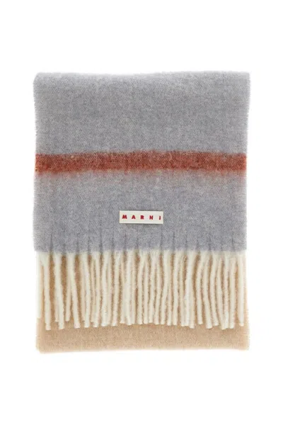Marni Multicolour Wool Scarf With Fringed Edges And Logo Label In Gray