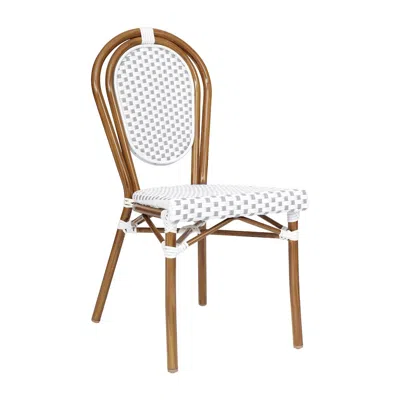 Flash Furniture Bistro Stacking Chair, White And Gray Pe Rattan And Bamboo Print Aluminum Frame In White