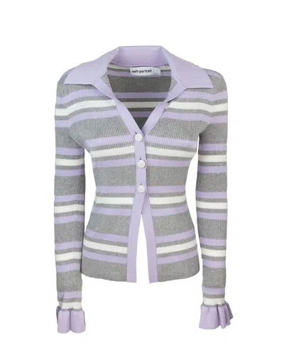 Self-portrait Grey Cardigan With Spread Collar And All-over Striped Motif In Viscose Blend Woman In Gray