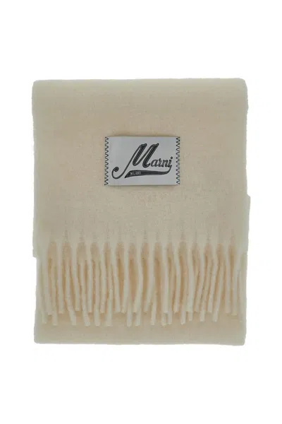 Marni Fringed Wool Scarf With Logo Label In Neutral