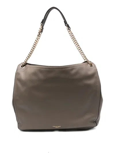Twinset Textured Handbag With Chain-link Strap And Magnetic Closure In Brown