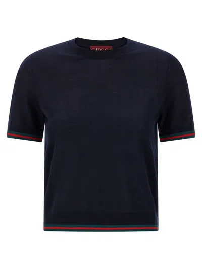 Gucci Women Blue T-shirt With Web Detail On The Edges In Cashmere And Silk Blend Woman In Blue