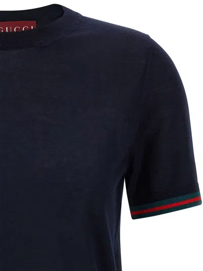 Gucci Women Blue T-shirt With Web Detail On The Edges In Cashmere And Silk Blend Woman In Blue