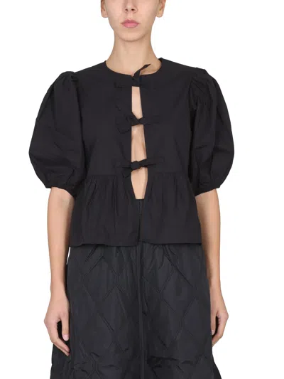 Ganni Poplin Front-tie Peplum Blouse With Puffed-sleeves In Black