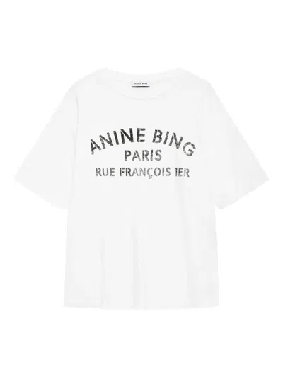 Anine Bing Graphic Print Crew Neck Short Sleeve Top In White
