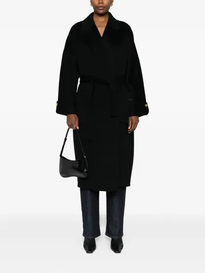 Elisabetta Franchi Black Coat With Notched Revers And Front Belt Closure In Wool Woman In Black