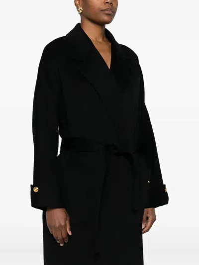 Elisabetta Franchi Black Coat With Notched Revers And Front Belt Closure In Wool Woman In Black