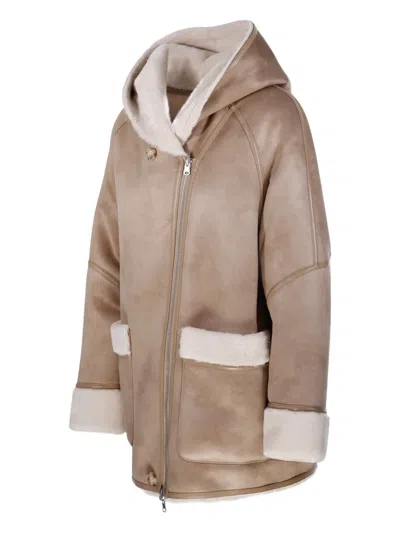 Urbancode Hooded Shearling Coat In Neutral
