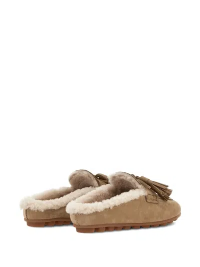 Hogan H693 Shearling-lined Leather Mules In Brown
