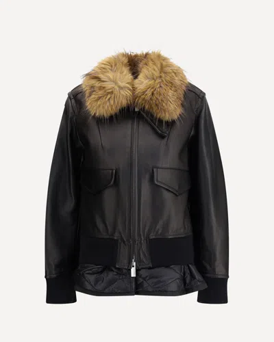 Sacai Leather Jacket With A Plush Collar In Black