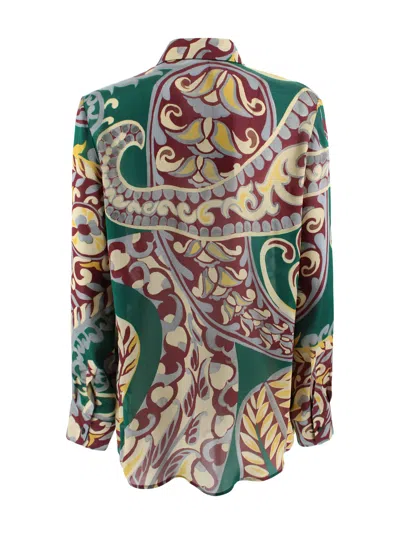 Etro Floral Paisley Print Long Sleeve Silk Top In Green