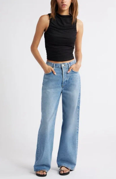 Open Edit Ruched Mesh Tank Top In Black