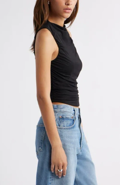 Open Edit Ruched Mesh Tank Top In Black