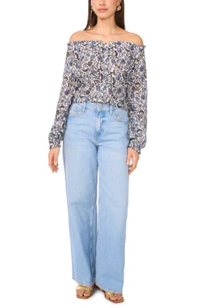 Two By Vince Camuto Floral Off The Shoulder Button-up Top In Blue