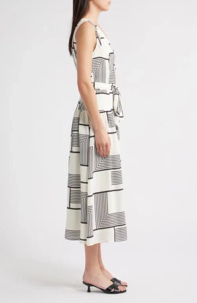 Zoe And Claire Mixed Geo Print Belted Midi Dress In Black