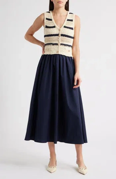 Zoe And Claire Sleeveless Mixed Media Dress In Blue