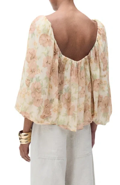 Mango Open Back Puff Sleeve Chiffon Top In Sand