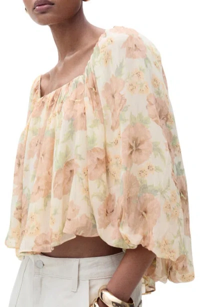 Mango Open Back Puff Sleeve Chiffon Top In Sand