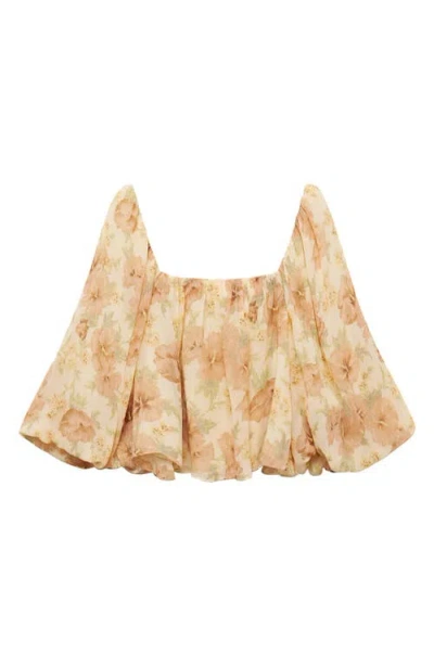 Mango Open Back Puff Sleeve Chiffon Top In Sand