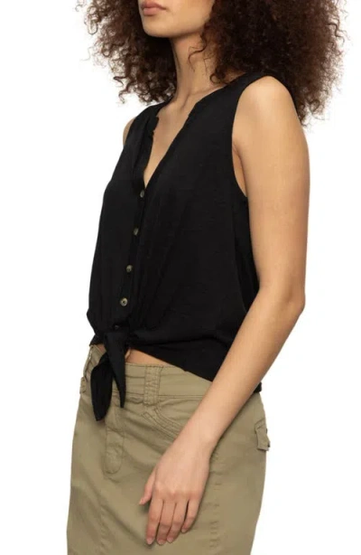 Sanctuary Tie Front Slub Jersey Button-up Tank In Black