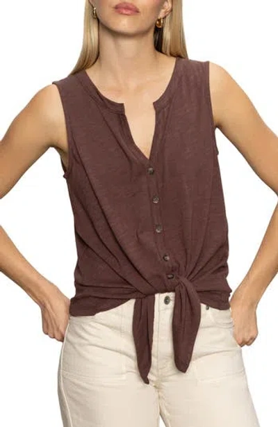 Sanctuary Tie Front Slub Jersey Button-up Tank In Brown