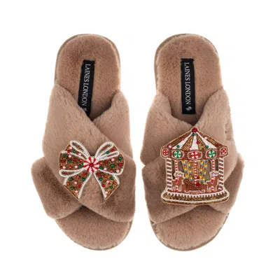Laines London Women's Brown / Neutrals Classic Slippers With Christmas Bow & Carousel Brooches - Toffee In Brown