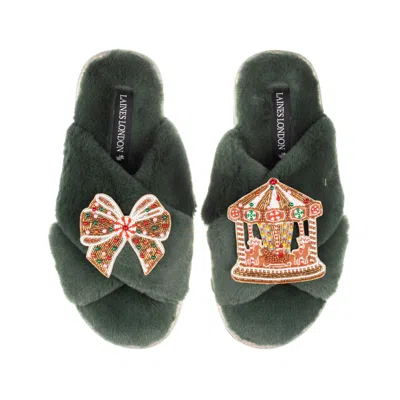 Laines London Women's Classic Slippers With Christmas Bow & Carousel Brooches - Limited Edition Green In Green