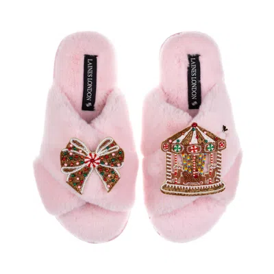 Laines London Women's Classic Slippers With Christmas Bow & Carousel Brooches - Pink In Pink