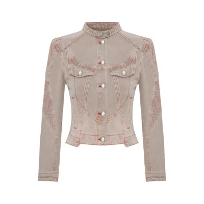 Pcfg Pure Cotton Faded Motorcycle Denim Jacket In Sand