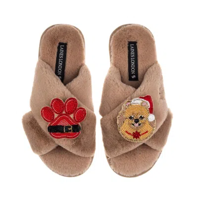 Laines London Women's Brown / Neutrals Classic Laines Slippers With Christmas Pomeranian & Paw Brooches - Toffee In Brown